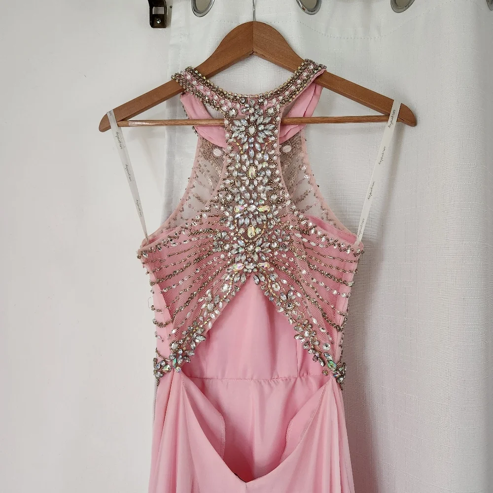 Ava Presley Light Pink Rhinestone Open-Back Prom Halter Dress Size 4 - Picture 6 of 12